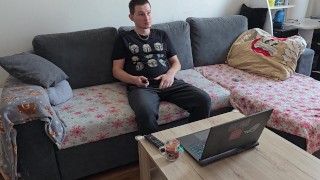 Horny Boy watches Porn on laptop and TV at the same time and Masturbates his Big Cock until Orgasm