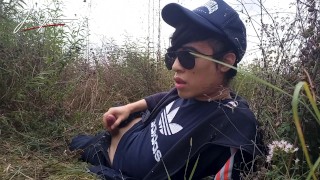 Gay Asian Twink Jon Arteen Speaks French, Masturbates His Smooth Penis In The Rain, Lubricated With