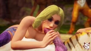 Busty blonde gets cum in a furry gangbang that cums on her face in Wild Life hardcore sex