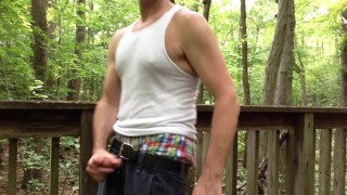 Jerking-off on a footbridge at the public park sagging, showing my AE boxers