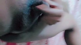 Hairy tiny dick femboy rub and play with little limp clitty