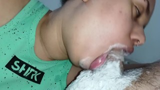 CLOSE UP showing her little mouth all smeared with creampie, she fucks it deep