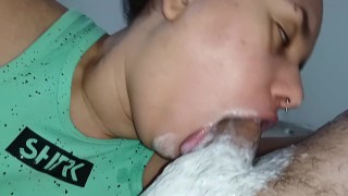 CLOSE UP showing her little mouth all smeared with creampie, she fucks it deep