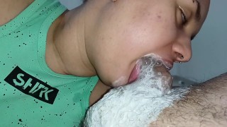 deep throat, swallowing the hard cock until the stalk, fucking until the cuckold cums a lot