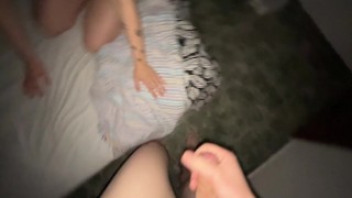 Foreground of the best blowjob and cum in her mouth. Petite blonde