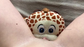 Pretty brunette peeing on plushie humping 4K POV