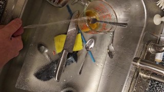 Quick piss on the dirty dishes