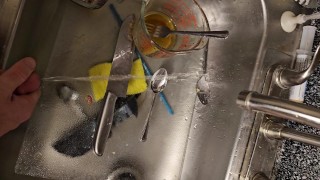 Quick piss on the dirty dishes