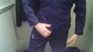 Wanking and spunking my big cock wearing a mates boilersuit at work