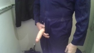 Wanking and spunking my big cock wearing a mates boilersuit at work