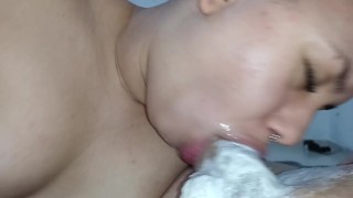 CLOSE UP the bitch's mouth full of creampie, she fucks her throat hard