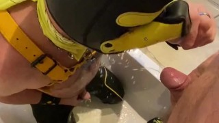 Pissing on the pup golden shower drinking piss