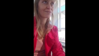 Exhibitionist Almasol at the airport and fingers herself in the airplane toilets