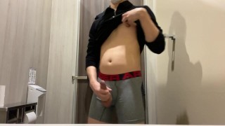 Horny boy can’t resist jerking off in his new underwear in shopping mall