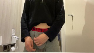 Horny boy can’t resist jerking off in his new underwear in shopping mall