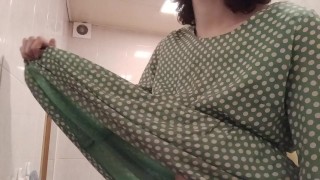 Trans-girl Stesha masturbates her small clit in the toilet