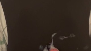 skinny girl in zentai gets cumshot on her belly