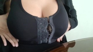 Hot slut plays with her big tits and sucks her black dildo while on a video call with her stepbrothe