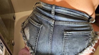 Desperate Pee in my Jeans Shorts next He Pee on My Ass
