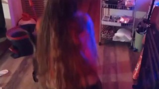 Caught long brunette hair gets on her hands and knees and shakes her ass, after drinking and smoking
