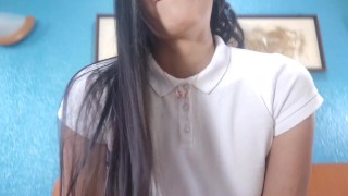 Sensual schoolgirl in a blue skirt is beautiful and likes to fuck very well