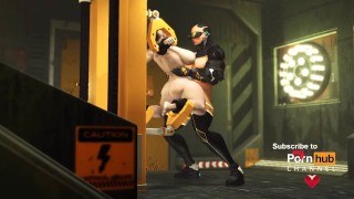 Busty futa sex android with a hude dick doggystyle muscle girl in the lab