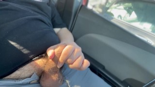 chub jerks off in his car and busts a load