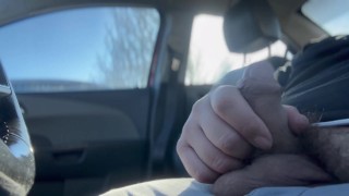 chub jerks off in his car and busts a load