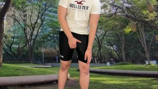 Monster cock cyclist public dick flash cum in tight pants