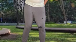 Public cum in grey sweatpants