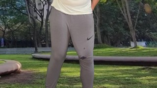 Public cum in grey sweatpants