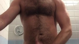 Hairy Daddy Jerks Off in Public Bathroom Stall and Cums