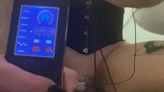 Caged Sissy E-Stim squirt with magic wand