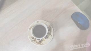 Male jerking off on a cup of coffee with finishing inside