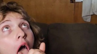 POV hot teen gives sloppy blowjob (licks cum off toes in full video on onlyfans!)