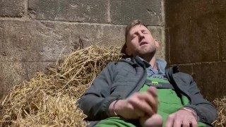 Farmer wanking and shooting a big load in the straw
