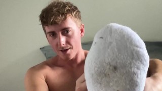 Verbal Australian guy jerks off with dirty white socks showing feet