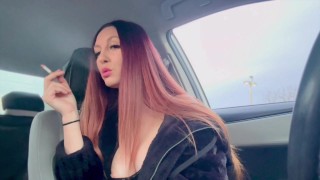 Italian Long Hair Big boobs Hot Milf Artemisia Love Smoking Cigarette In the car Nipple Flashing