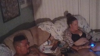 Chubby tattoo guy jerking off to girlfriend playing video games in her bra and panties
