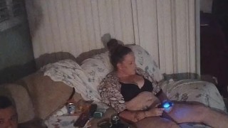 Chubby tattoo guy jerking off to girlfriend playing video games in her bra and panties