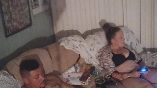Chubby tattoo guy jerking off to girlfriend playing video games in her bra and panties