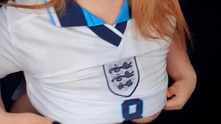 Big ass Mandy Foxxx waving English flag in butt cheeks & football shirt top England kit