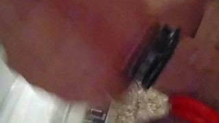 Unexpected cumshot in shower with multiple cock rings