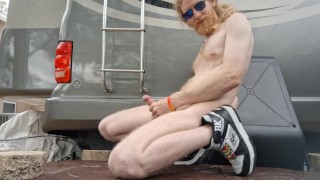 RV camper nudist cums outside and plays with feet