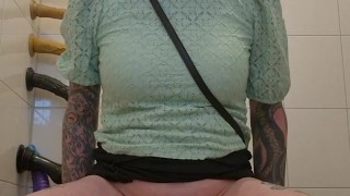 Sissy doll removes string of tampons before fucking a dildo
