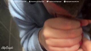 Cute Babe give Blowjob in Public Toilet after perfect Handjob under the Table - Fast Food Restaurant