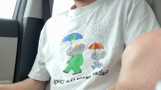 teen strokes his huge dick in the car