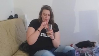 Layla drinks full glass of piss using a straw