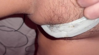 Hairy pussy girl fingers herself to orgasm