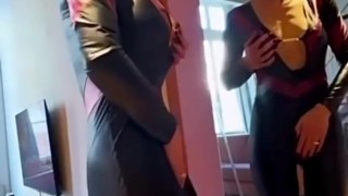 Hot blonde myth blonde dominant costume wide open her ass in front of the mirror in high heels